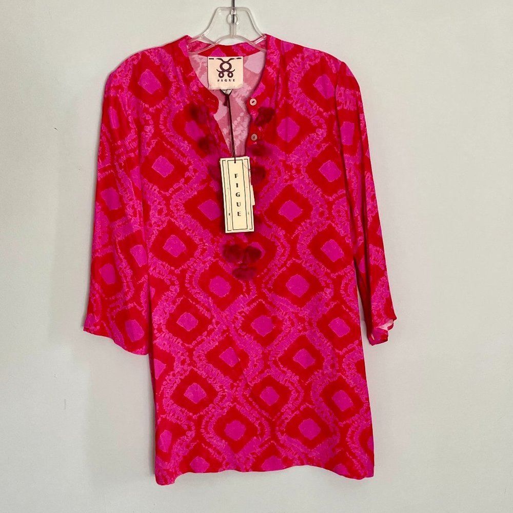 Figue Resort Tunic Top/Cover-up in Fuchsia Pink Ikat Print -Size Small
